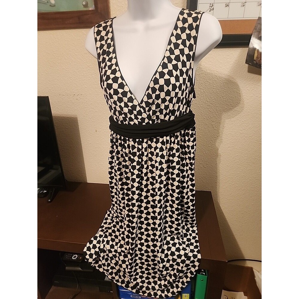 Max Studio Womens Black White Checkered Dress M Sleeveless Houndstooth A-Line